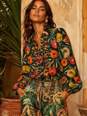Rare thread social button up boho print ruffle collar brown summer $208 party